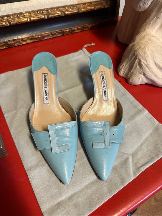 Manolo Blahnik Shoes - Manolo Blahnik Robin Egg Blue Pointed Leather Mule Slides with Buckle